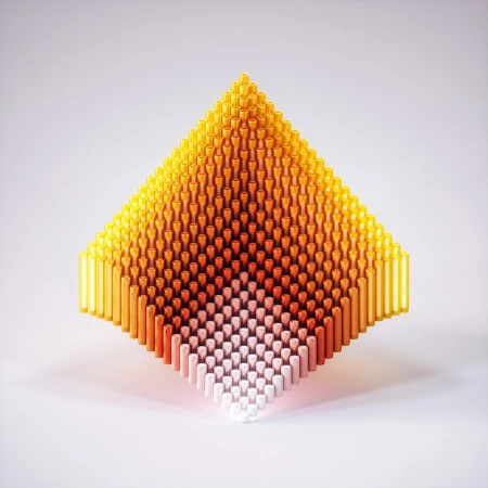 Abstract, geometric 3D rendering of a diamond-shaped structure composed of cylindrical rods in a gradient from white to yellow.