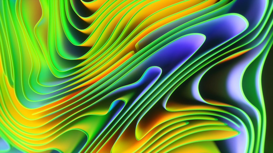 Abstract background with wavy, layered paper or plastic in shades of green, yellow, and blue, creating a dynamic and modern design.