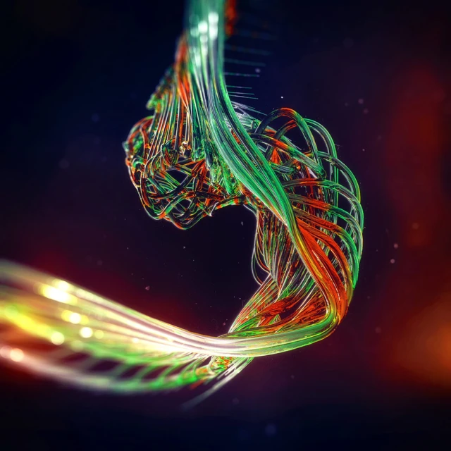 Abstract rendering with intertwined, glowing green and orange filaments on a dark, blurred background with subtle light effects.