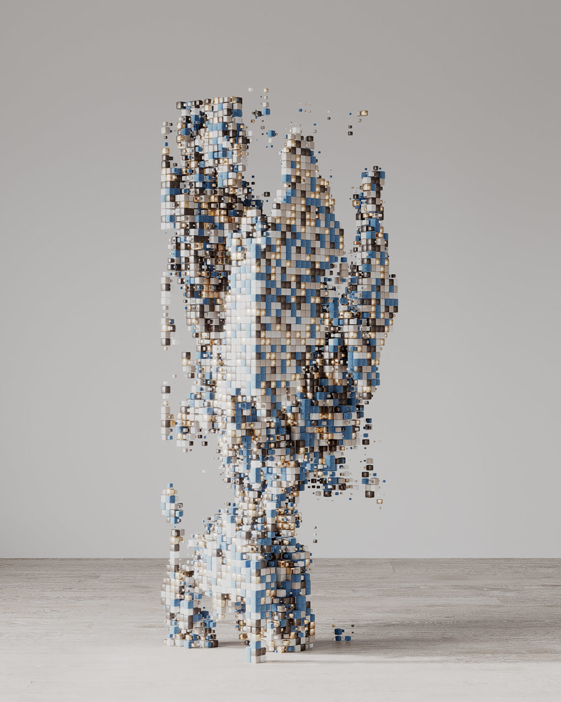 Abstract geometric sculpture formed from numerous blue and beige cubes, creating an irregular vertical column in a neutral setting.
