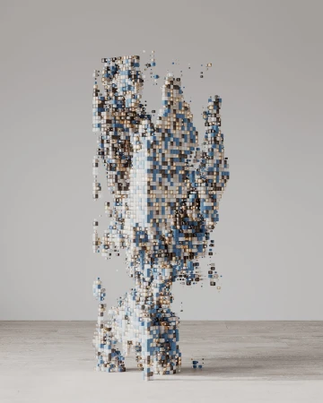 Abstract geometric sculpture formed from numerous blue and beige cubes, creating an irregular vertical column in a neutral setting.
