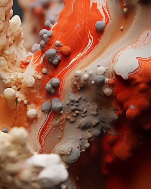 Abstract fluid art with textured spheres and swirling shades of orange, beige, and grey for a striking visual texture and depth.