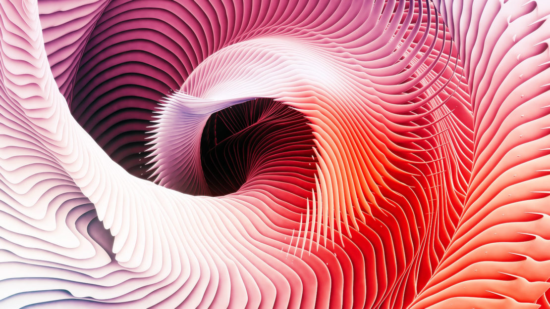 Abstract rendering of a layered, swirling structure in white, pink, and orange hues. Dynamic design with intricate line patterns.