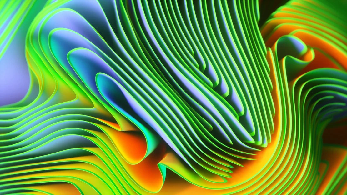 Abstract background with layered, undulating shapes in green, blue, yellow, and orange, creating a flowing, vibrant design.