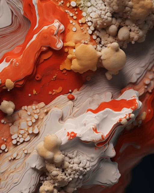 Abstract close-up of textured surface featuring organic, fluid patterns and spherical structures in orange, white, and beige hues, creating depth.
