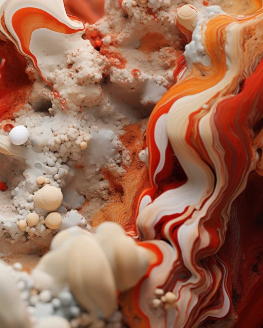 Abstract macro render with swirling orange and white textures, featuring smooth gradients, fractal patterns, and small spheres.