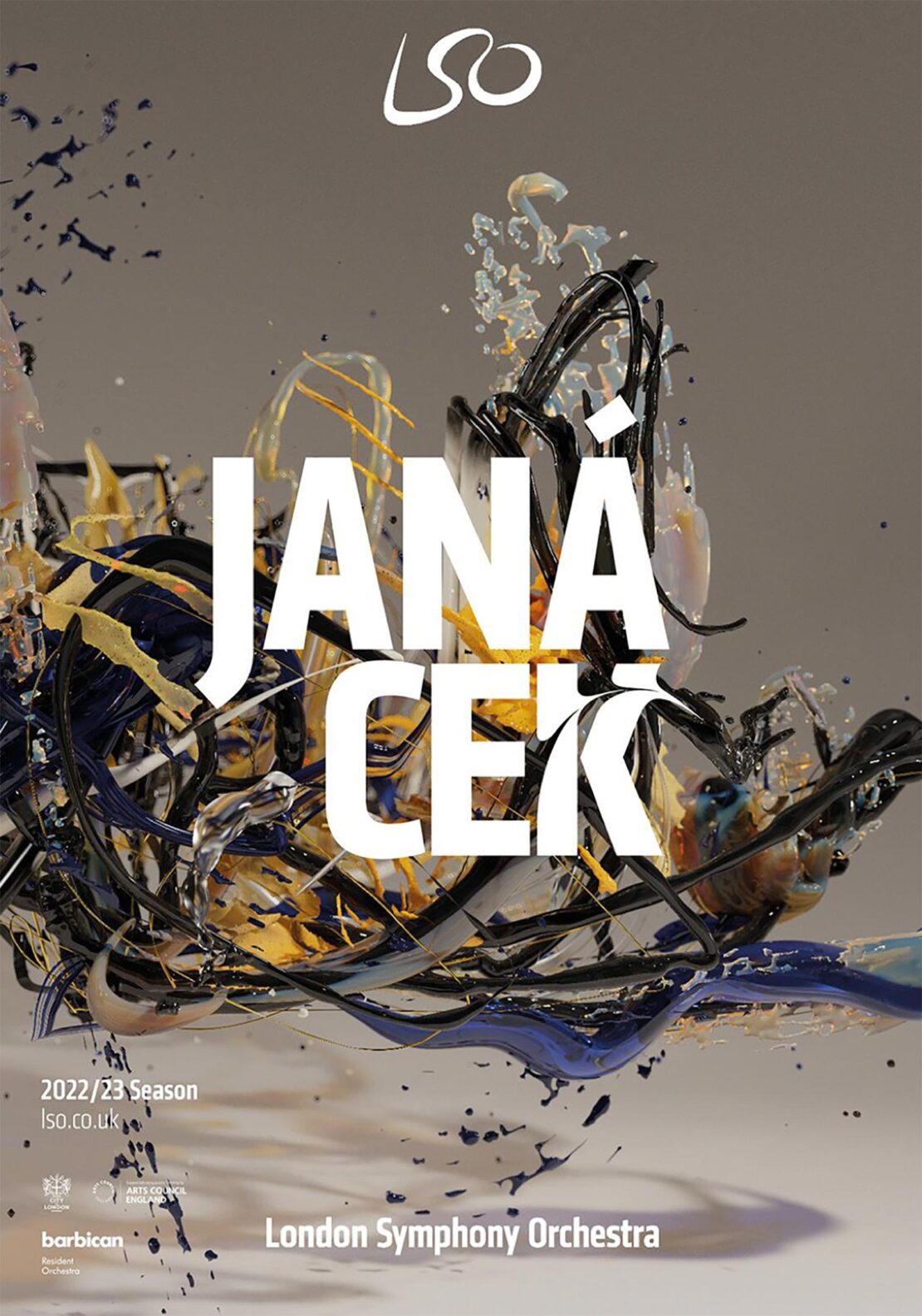 Abstract art featuring dynamic swirls of color, predominantly black, blue, and gold, with bold white text overlay reading 'Janáček'.