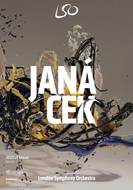 Abstract art featuring dynamic swirls of color, predominantly black, blue, and gold, with bold white text overlay reading 'Janáček'.