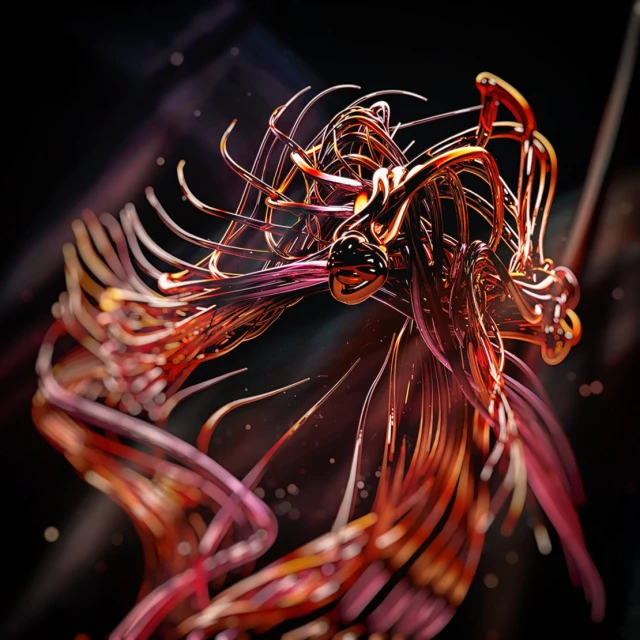 Abstract digital art featuring curved, flowing lines in shades of orange, yellow, and red against a blurred, dark background.