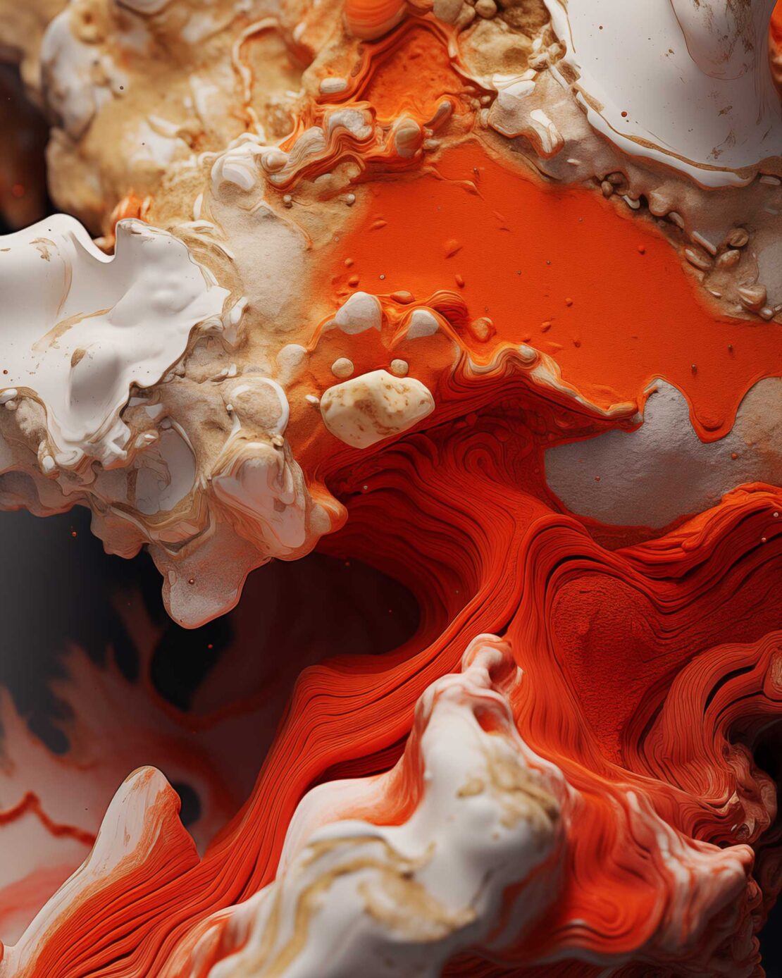 Abstract close-up of swirling orange, white, and tan textures. Fluid lines and organic shapes create a visually dynamic composition.
