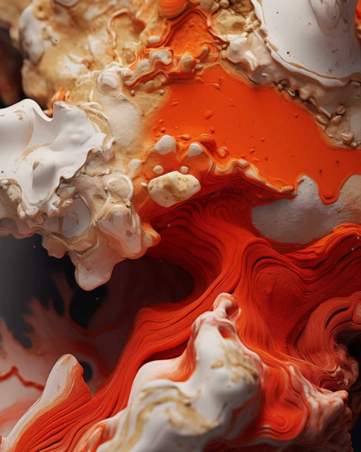 Abstract close-up of swirling orange, white, and tan textures. Fluid lines and organic shapes create a visually dynamic composition.