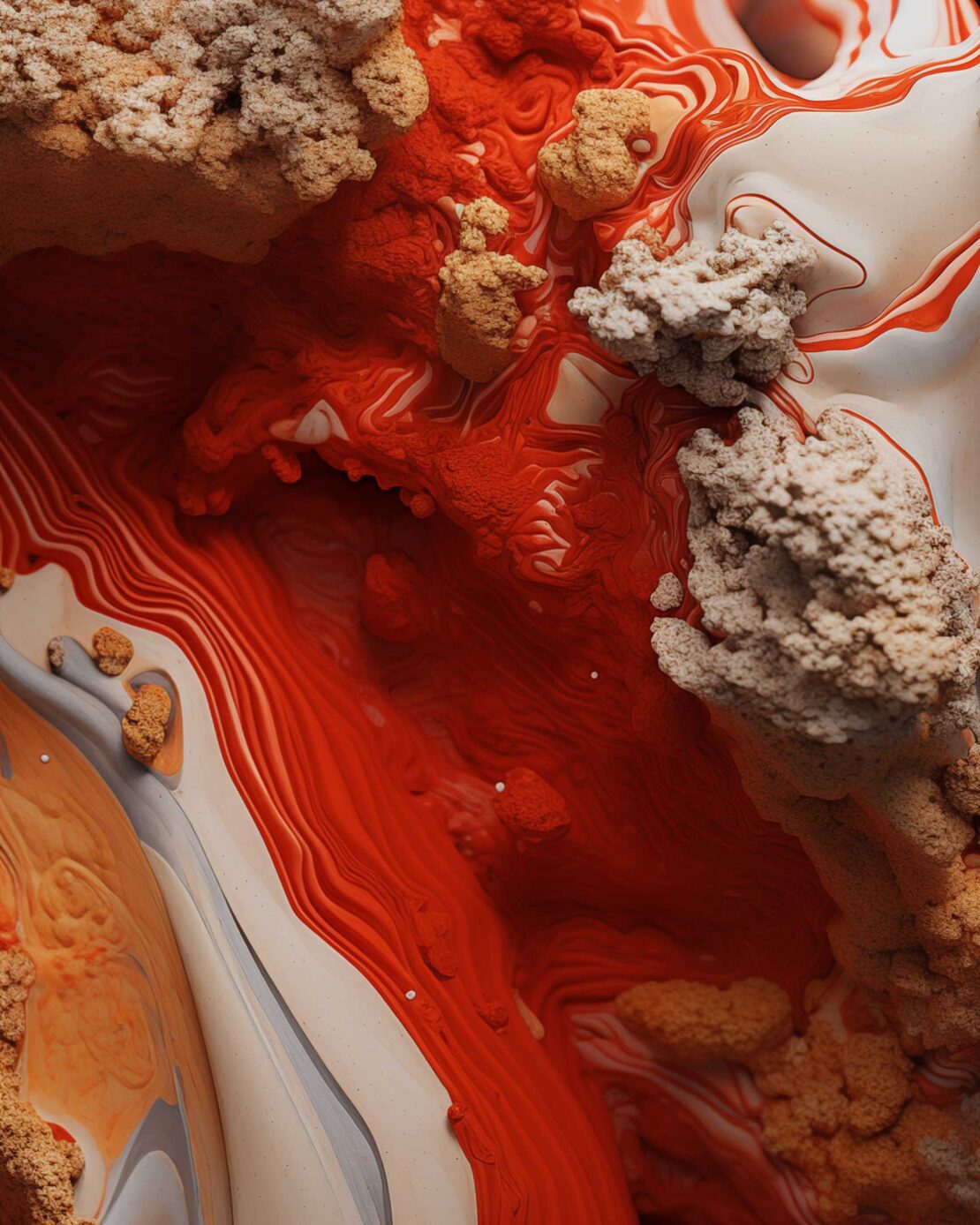Abstract fluid art with swirling patterns in shades of red, orange, white, and beige, creating a visually dynamic and textured surface.