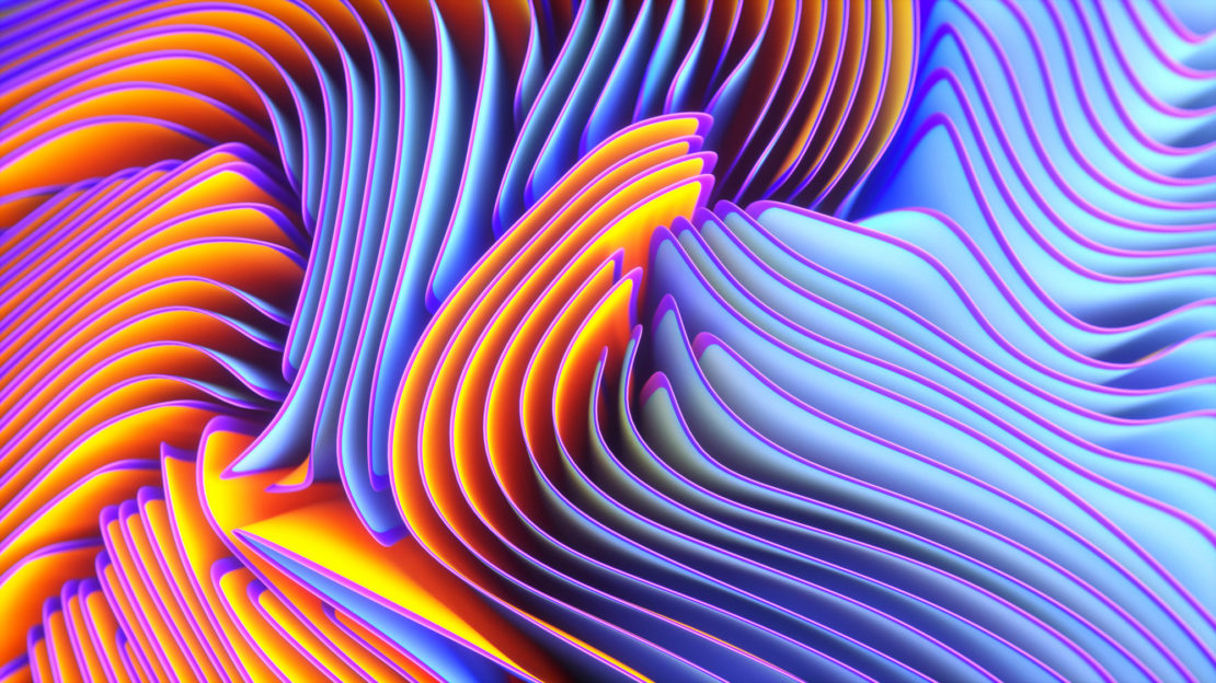 Abstract CGI design with blue, purple, and yellow flowing curves creating depth and visual interest, suitable for backgrounds or artistic displays.