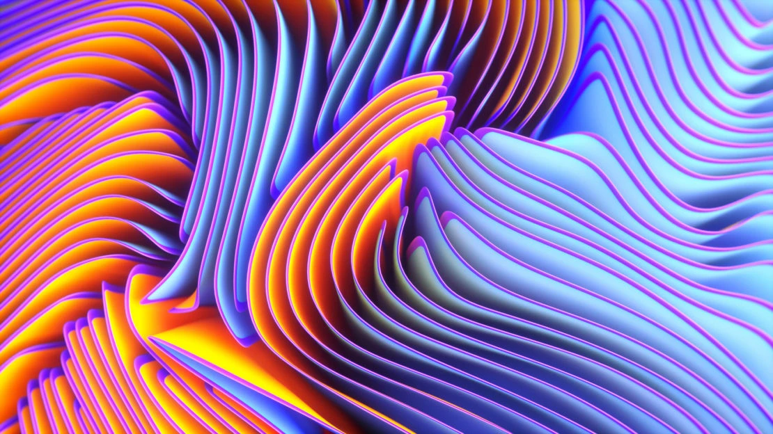 Abstract CGI design with blue, purple, and yellow flowing curves creating depth and visual interest, suitable for backgrounds or artistic displays.
