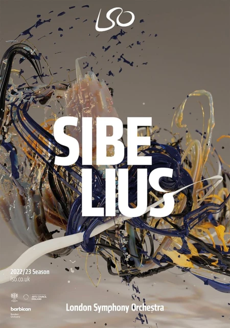 Abstract symphony orchestra poster art featuring paint-like textures, promoting the London Symphony Orchestra's Sibelius season.