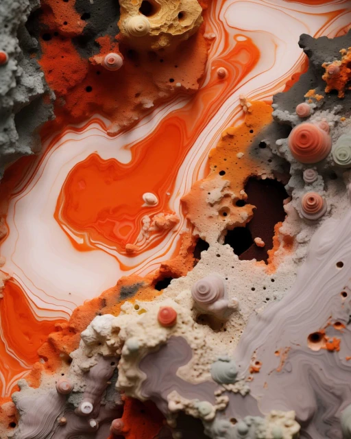 Abstract art featuring orange liquid swirling through gray and white porous stone-like formations, creating a surreal, organic landscape.