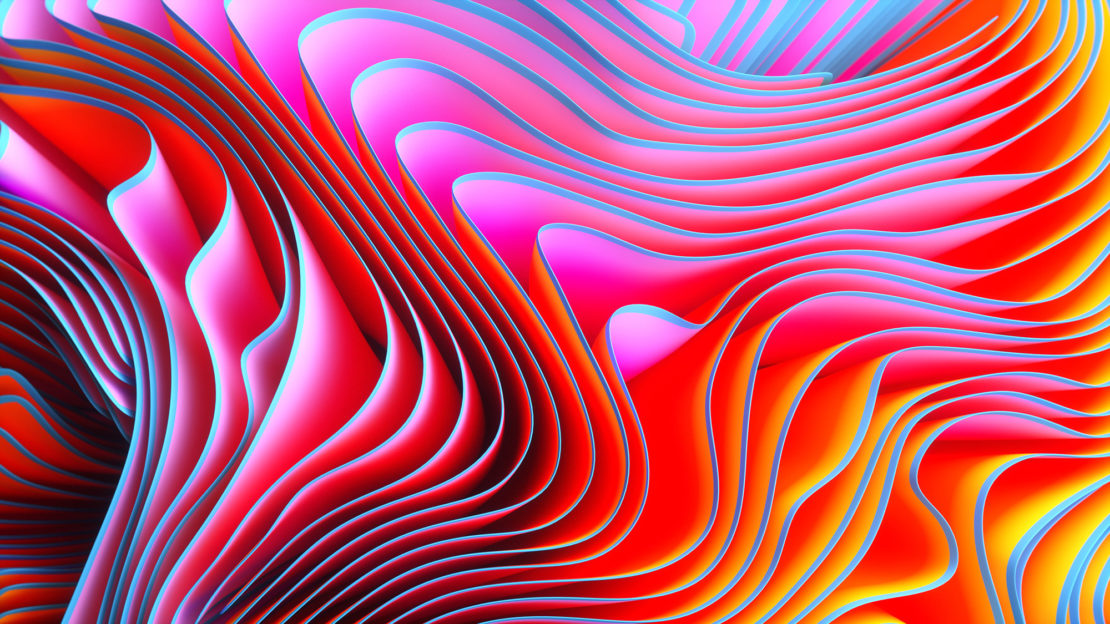 Abstract layered paper art featuring dynamic pink, red, orange, and yellow waves with contrasting blue edges creating depth and movement.