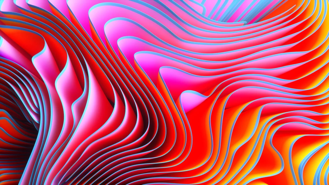 Abstract layered paper art featuring dynamic pink, red, orange, and yellow waves with contrasting blue edges creating depth and movement.