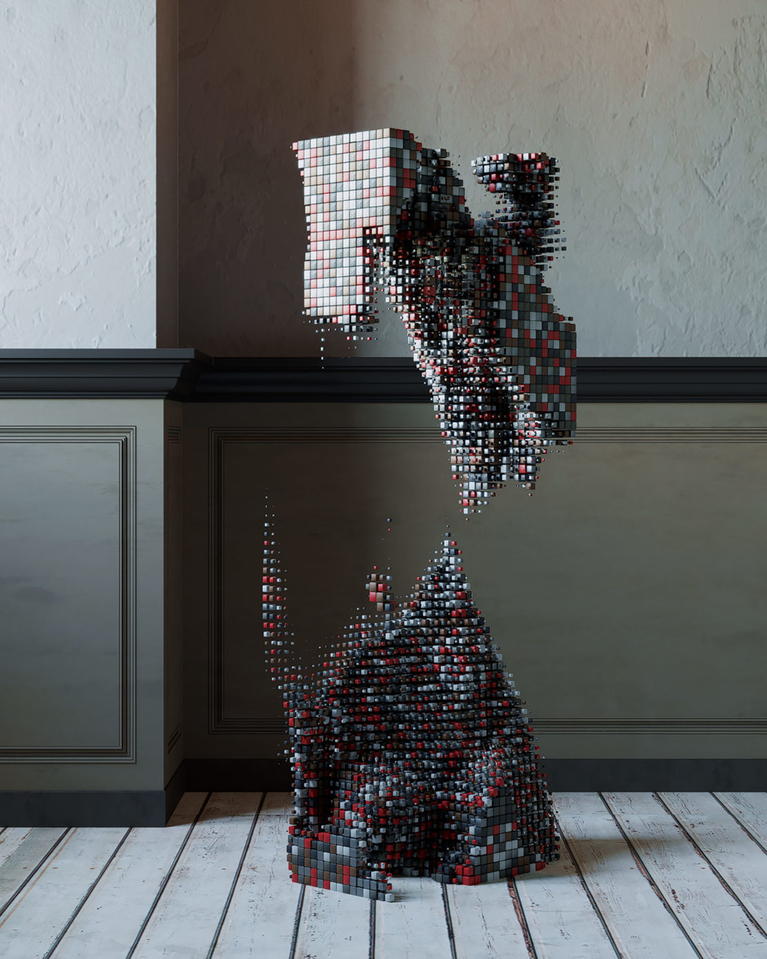 Abstract geometric art featuring floating cube formations in a room setting with wood flooring, showcasing modern digital design.