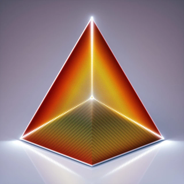 Illuminated geometric abstraction with layered pyramid structure, clean presentation, and radiant orange color palette.