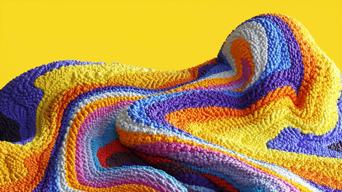 Abstract CGI artwork with textured, multi-colored stripes and a bright yellow background, creating a visually striking design.