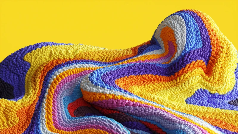 Abstract CGI artwork with textured, multi-colored stripes and a bright yellow background, creating a visually striking design.