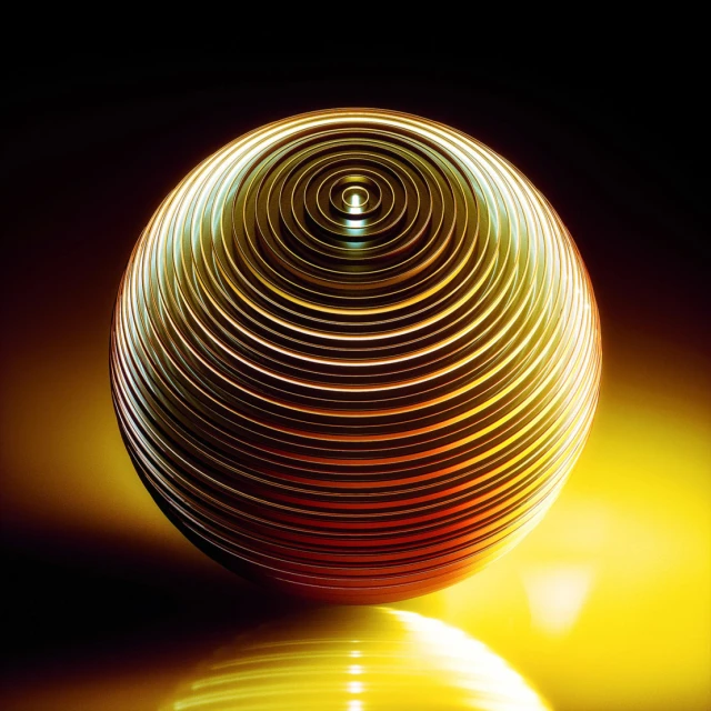 Abstract concentric sphere art. Gold, orange, and black circular lines create a dimensional geometric pattern with studio lighting.