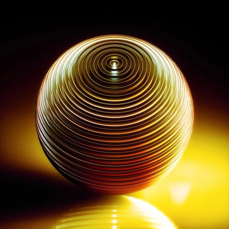 Abstract concentric sphere art. Gold, orange, and black circular lines create a dimensional geometric pattern with studio lighting.