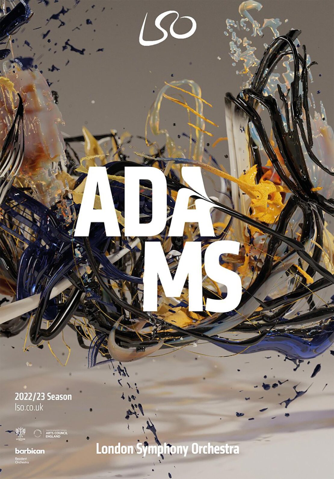 Abstract promotional poster for the London Symphony Orchestra featuring colorful paint splatters, streaks, and the text 'ADAMS' in bold letters.