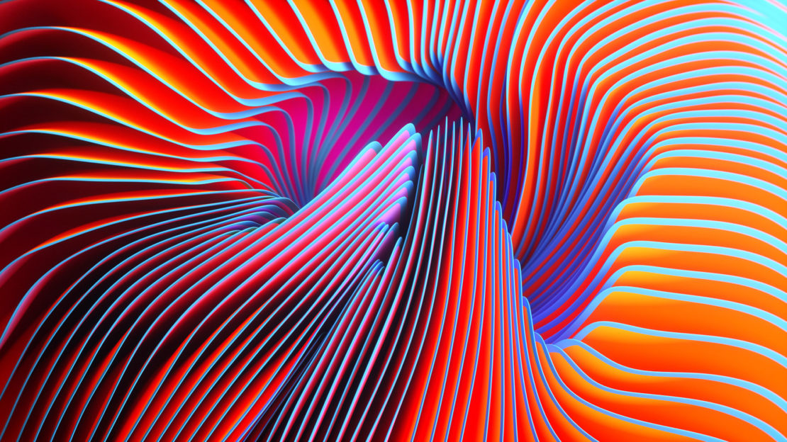 Abstract art featuring layers of vibrant orange and red undulating shapes with blue highlights, creating a dynamic, modern design.