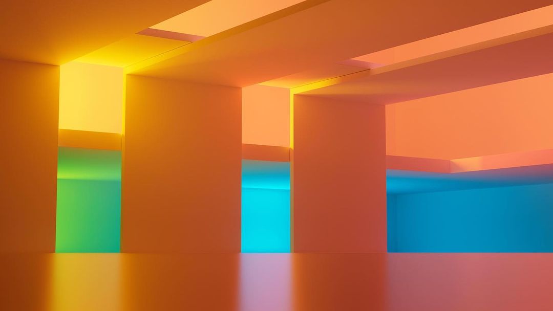 Abstract architecture features interior walls and geometric ceiling illuminated with orange, yellow, green, and blue light.