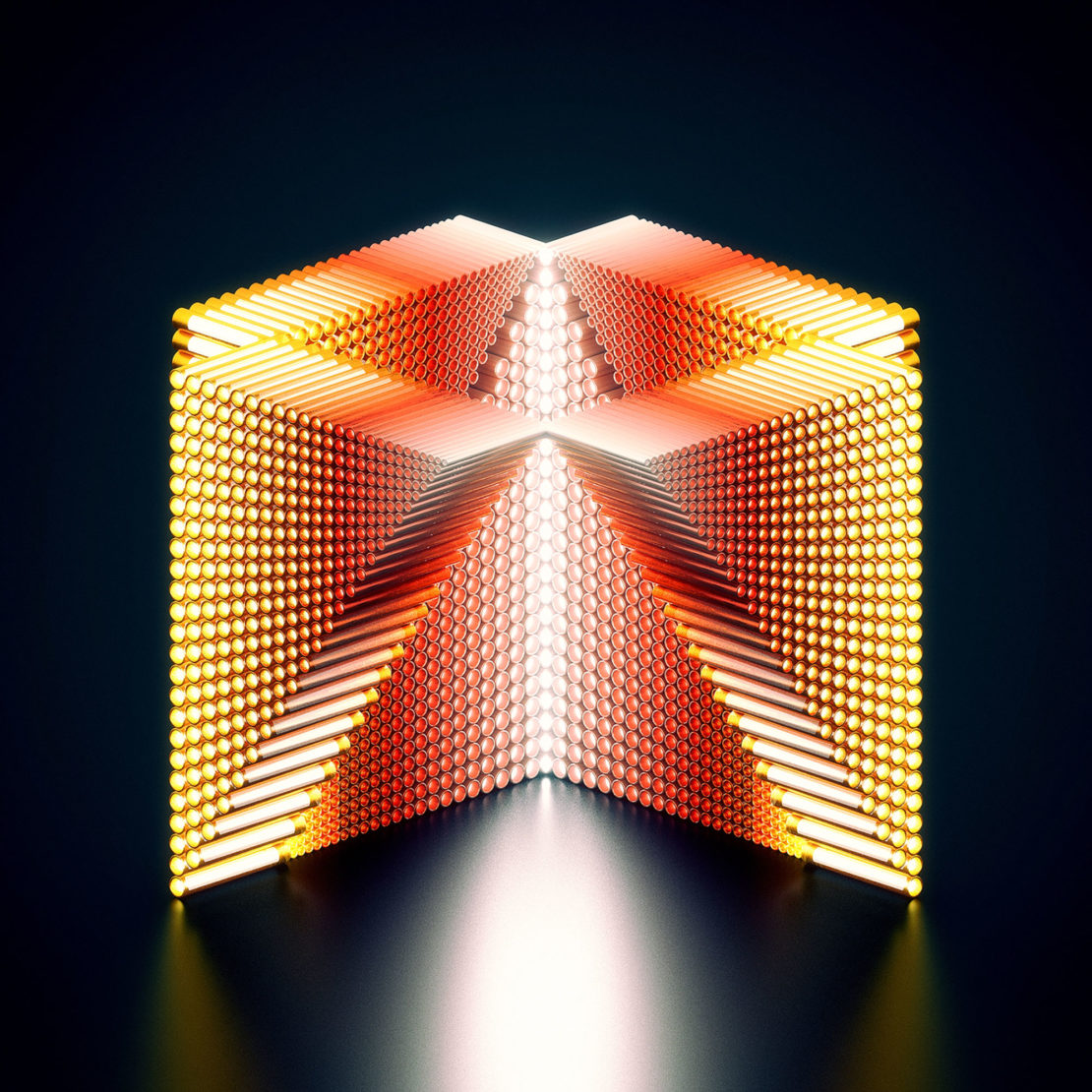 Abstract cube structure made of luminous spheres and rods, creating a glowing geometric pattern against a dark background.