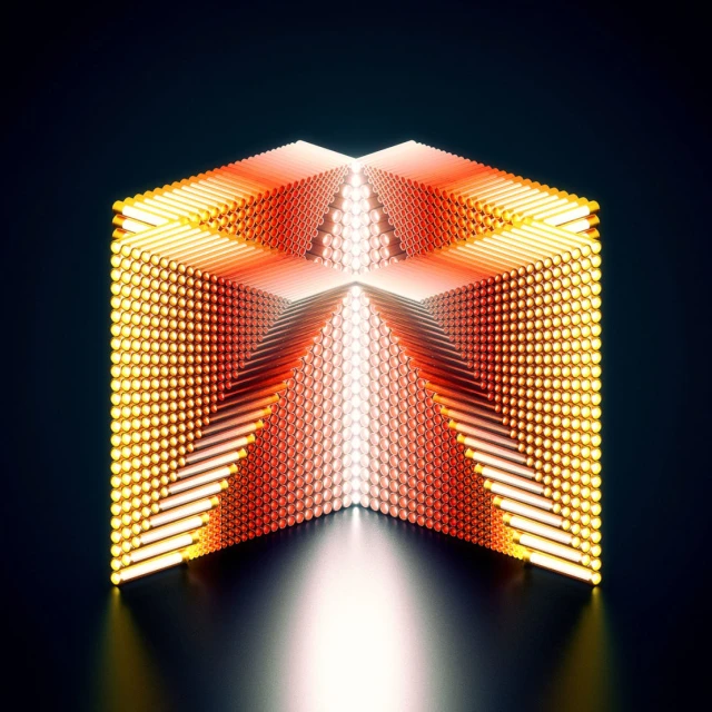 Abstract cube structure made of luminous spheres and rods, creating a glowing geometric pattern against a dark background.
