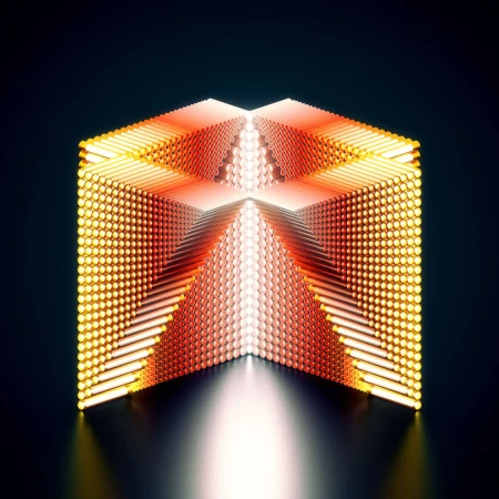 Abstract cube structure made of luminous spheres and rods, creating a glowing geometric pattern against a dark background.