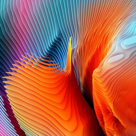 Abstract layered 3D render with curved lines in shades of orange, blue, and purple, creating a topographic effect, visually striking.