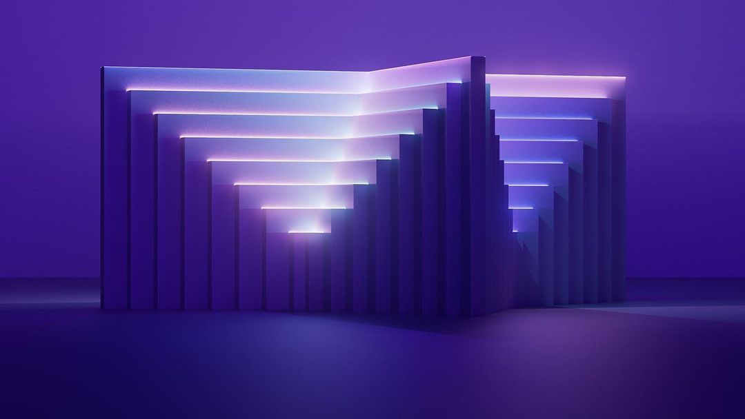 Abstract composition with cascading rectangular geometric shapes in shades of purple, illuminated with neon-style lighting, studio setting.