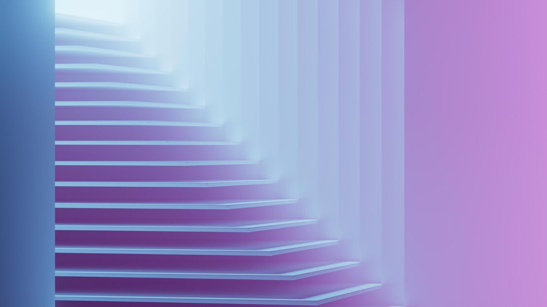 Geometric staircase-like structure with layered white steps and a gradient background transitioning from purple to blue, creating a smooth visual.