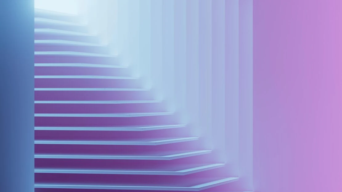 Geometric staircase-like structure with layered white steps and a gradient background transitioning from purple to blue, creating a smooth visual.