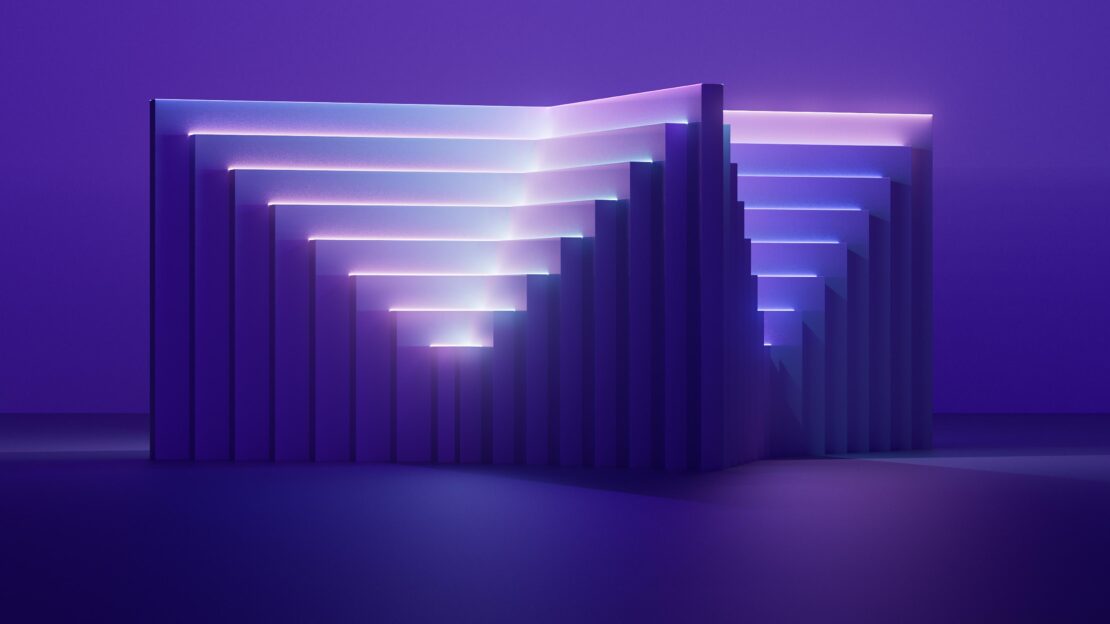 Abstract purple illuminated block staircase structure with white glowing steps, minimalist design, and smooth, reflective surface.