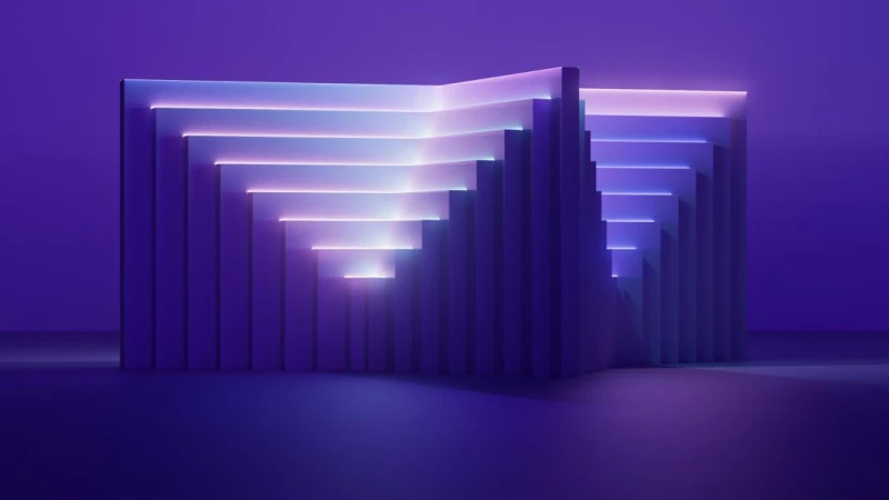 Abstract purple illuminated block staircase structure with white glowing steps, minimalist design, and smooth, reflective surface.