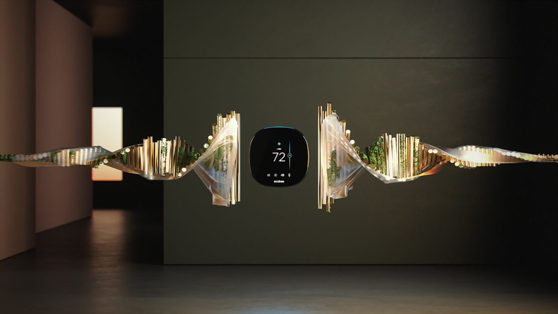 Smart thermostat display with decorative, textured waves. Dark interior, neutral wall colors. Close-up digital product and display.
