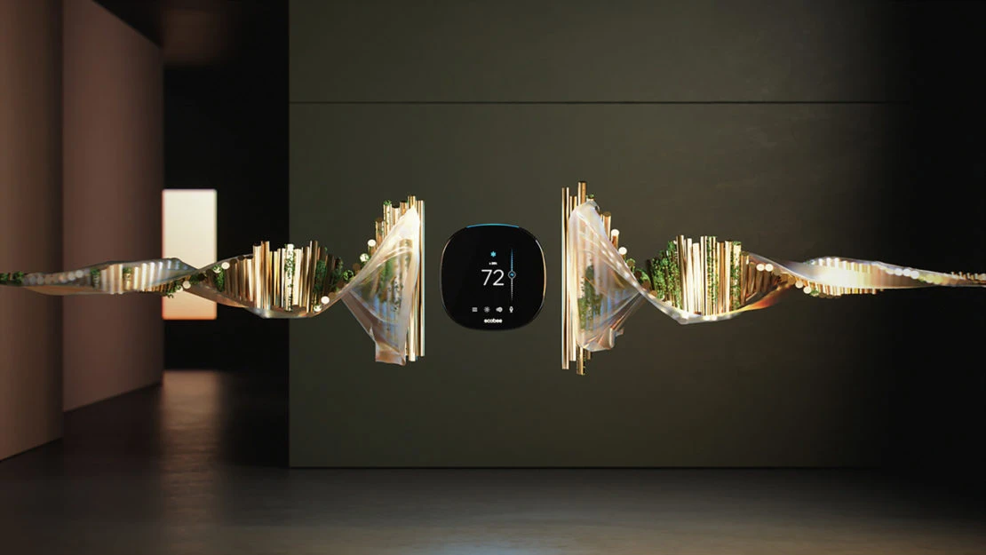 Smart thermostat display with decorative, textured waves. Dark interior, neutral wall colors. Close-up digital product and display.