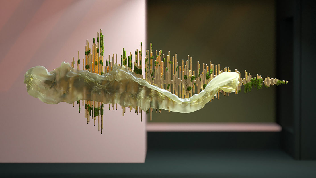 Abstract sculptural art piece featuring gold rods, green moss-like textures, and translucent material set against a partitioned background.