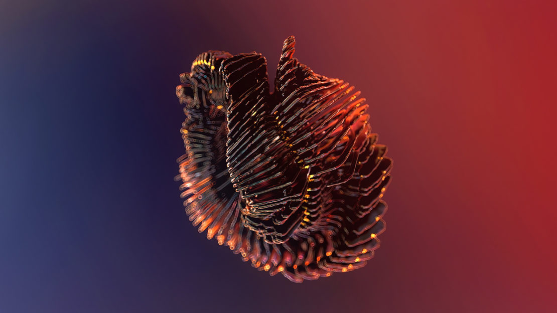Abstract render of layered spiral object against a gradient background of blue and red, showcasing complex digital art and visual design.