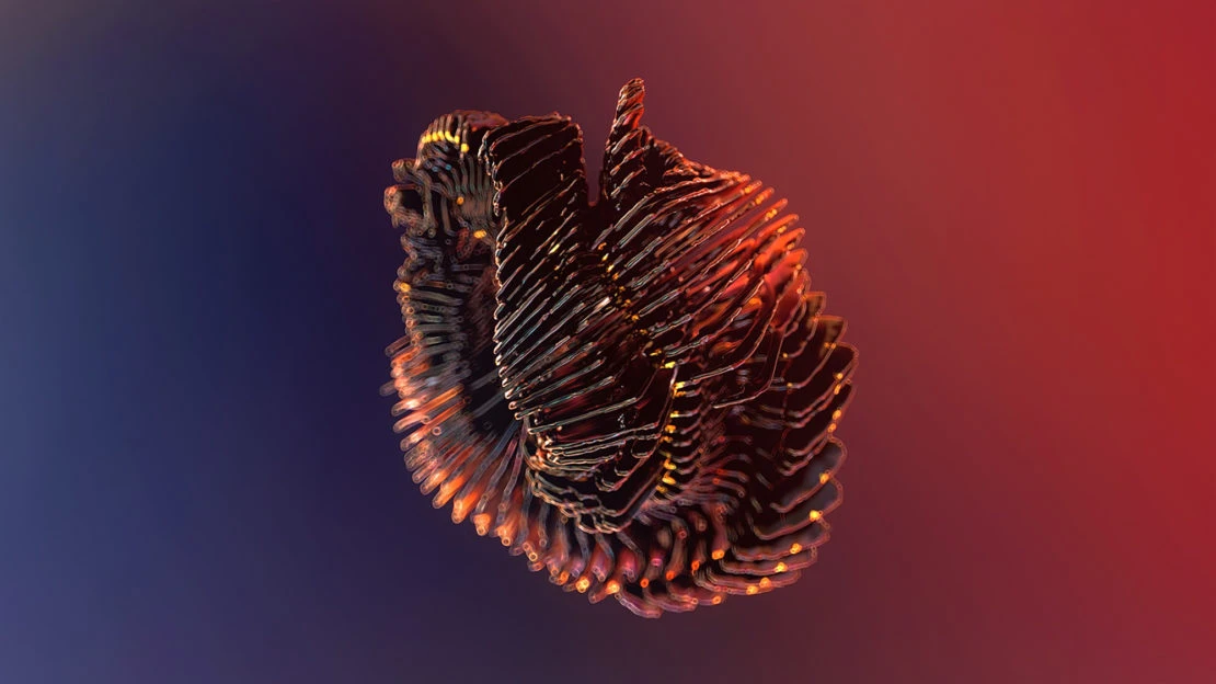 Abstract render of layered spiral object against a gradient background of blue and red, showcasing complex digital art and visual design.