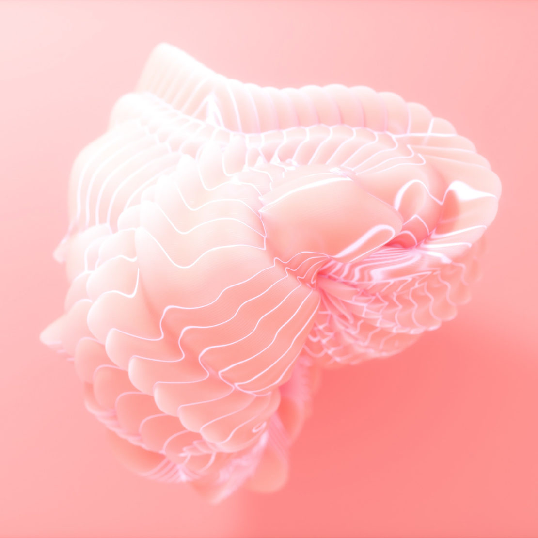 Close-up of a decorative light pink abstract object with ridged texture against a light pink background. Soft, diffused lighting.
