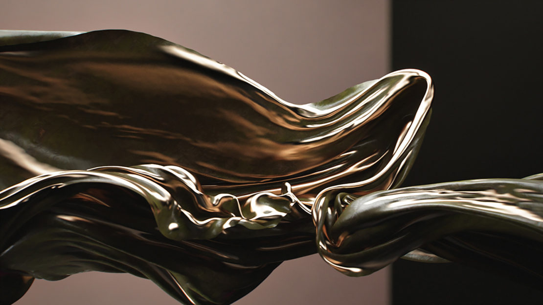 Abstract flowing fabric in golden hues with dramatic folds and elegant curves, set against a dual-tone background for artistic visual.