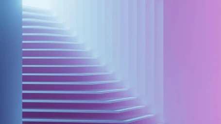 A minimal, brightly lit white staircase ascending into a luminous fog, framed by soft purple and blue vertical panels.