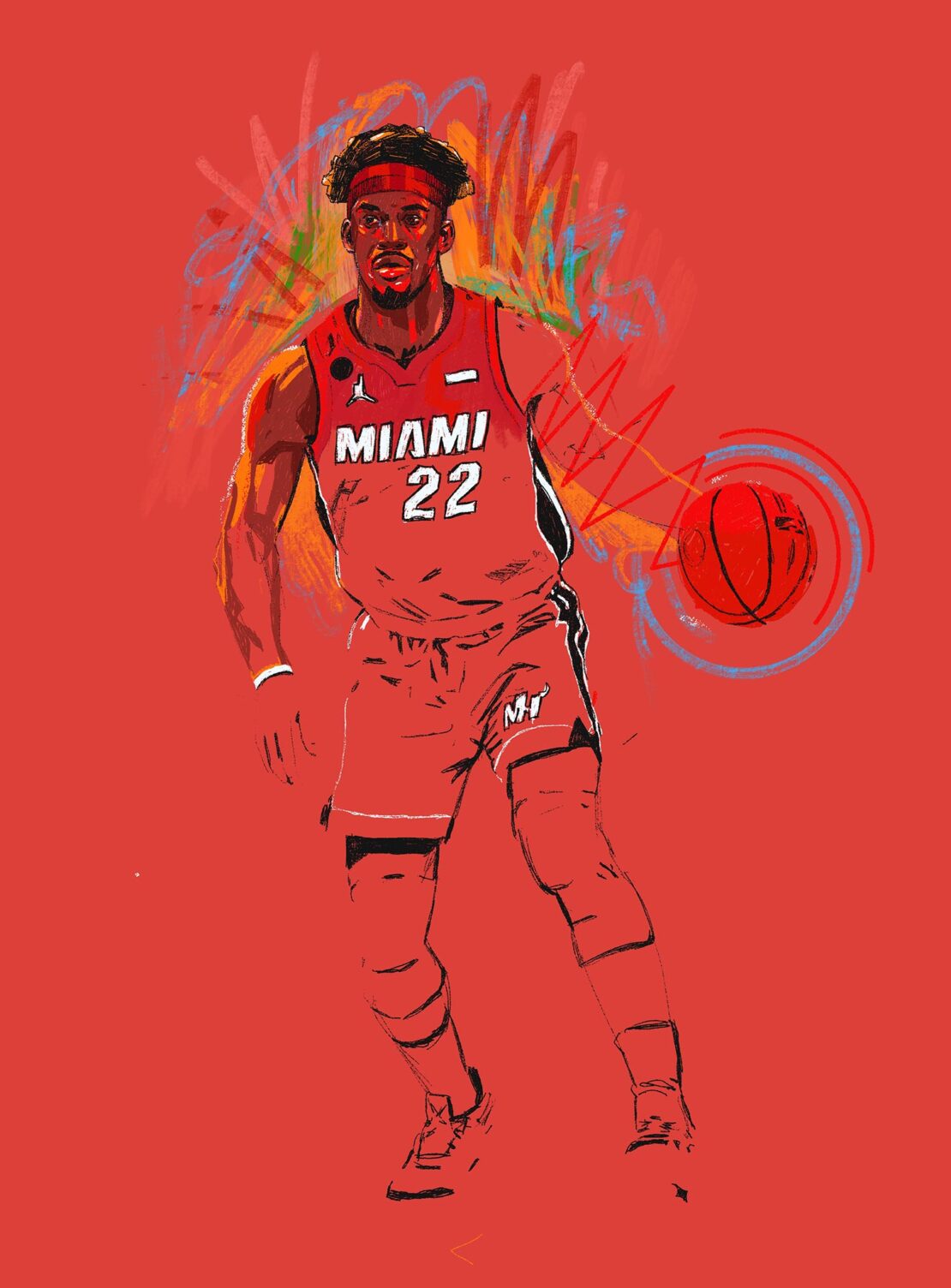 Illustration of basketball player Jimmy Butler in Miami Heat jersey, dribbling a ball against a red background with colorful artistic lines.