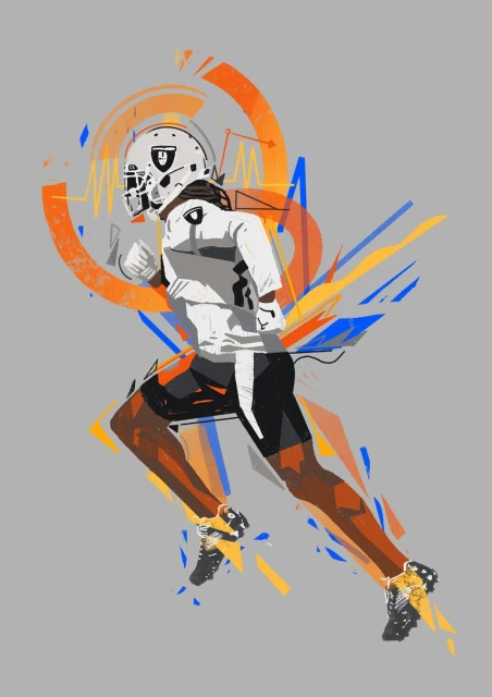 Illustration of an adult male in football uniform running with speed lines and abstract shapes on a grey background, sports art.